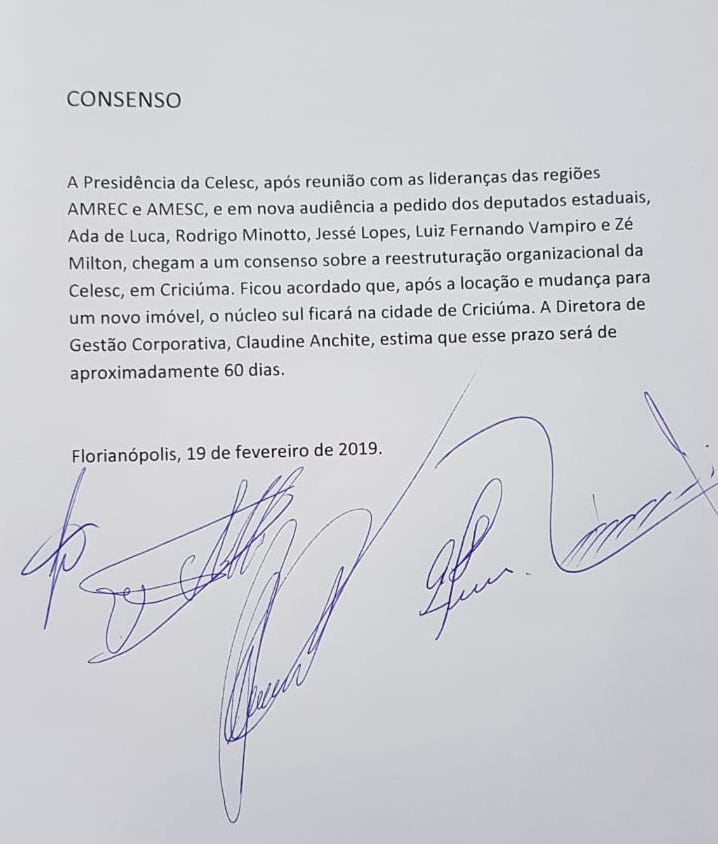 Deputados fecham acordo para que Núcleo Sul da Celesc seja em Criciúma