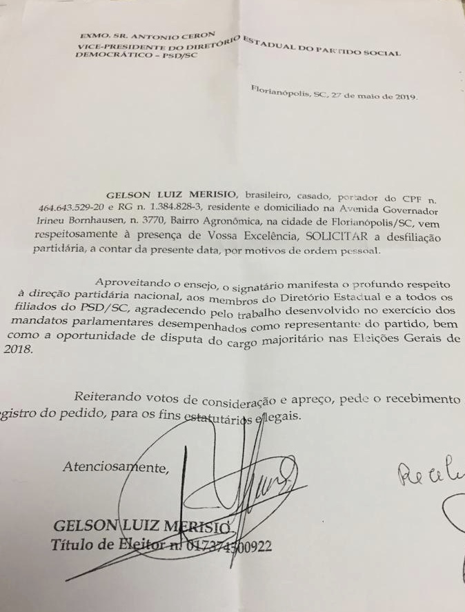 Gelson Merísio oficializa  saída do PSD