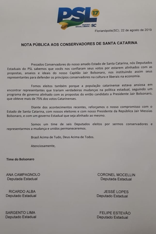 Deputados Estaduais emitem nota referente ao pedido de expulsão de Jessé Lopes e Ana Campagnolo