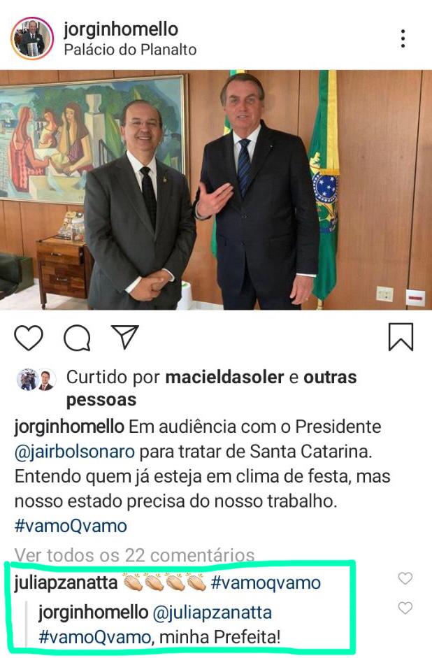 Minha prefeita, diz senador Jorginho Mello para Julia Zanatta 