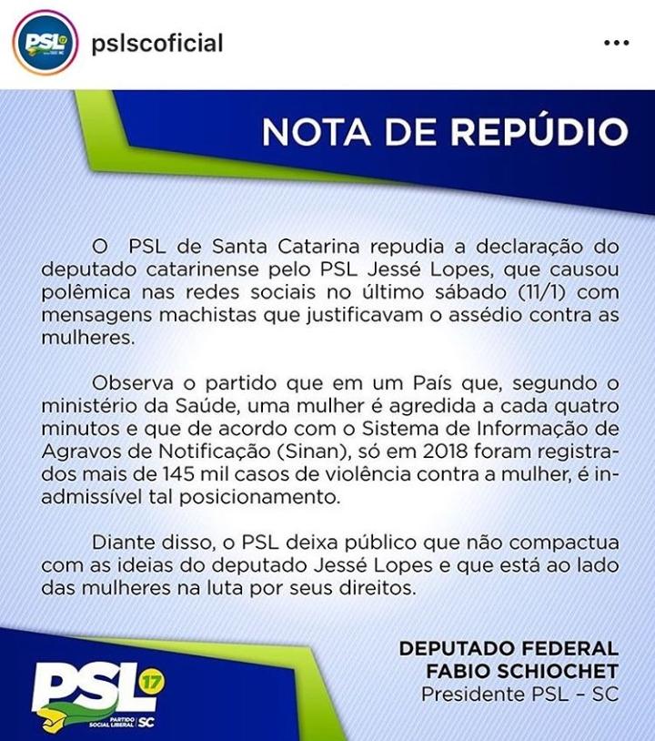 Em nota oficial, PSL repudia atitude do deputado Jessé Lopes 