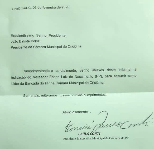Indicação de líder do PP causa mal estar na Câmara de Criciúma