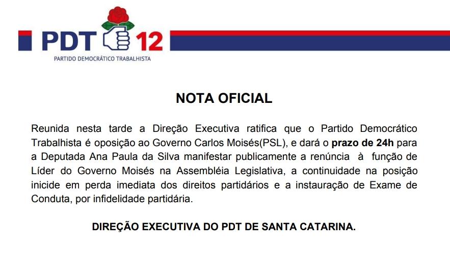 PDT concede prazo de 24 horas para deputada renunciar liderança do Governo de Moisés 