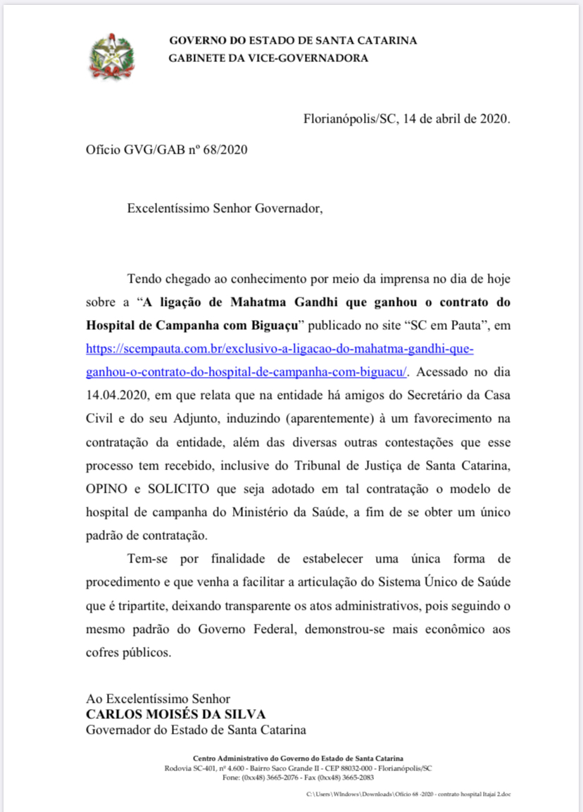 Em ofício ao Governador Moisés, vice-governadora sugere suspensão de contrato para Hospital de Campanha