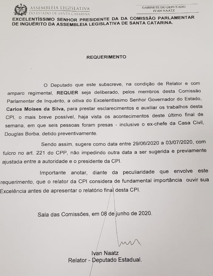 Aprovada a convocação do Governador Moisés para se manifestar na CPI dos Respiradores 