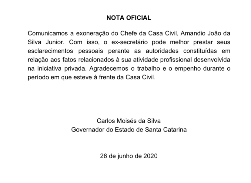 Cai o segundo Secretário da Casa Civl do Governo de Carlos Moisés