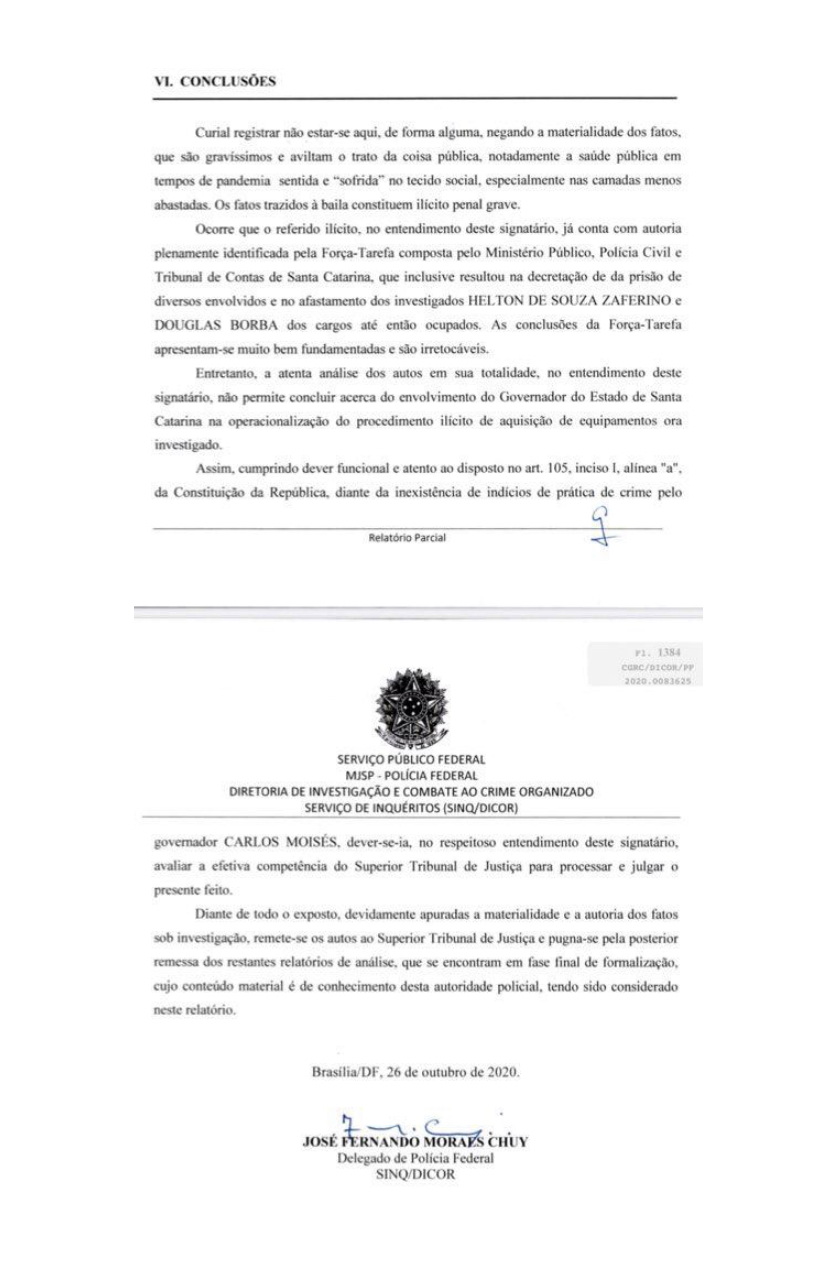 Relatório da Polícia Federal diz que não há indícios da participação do Governador na compra de respiradores 