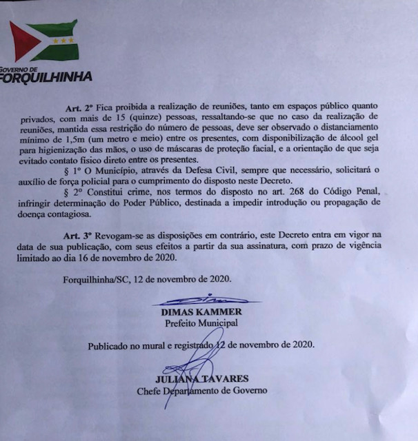 Justiça suspende Decreto que suspendia atividades eleitorais na reta final de campanha em Forquilhinha 