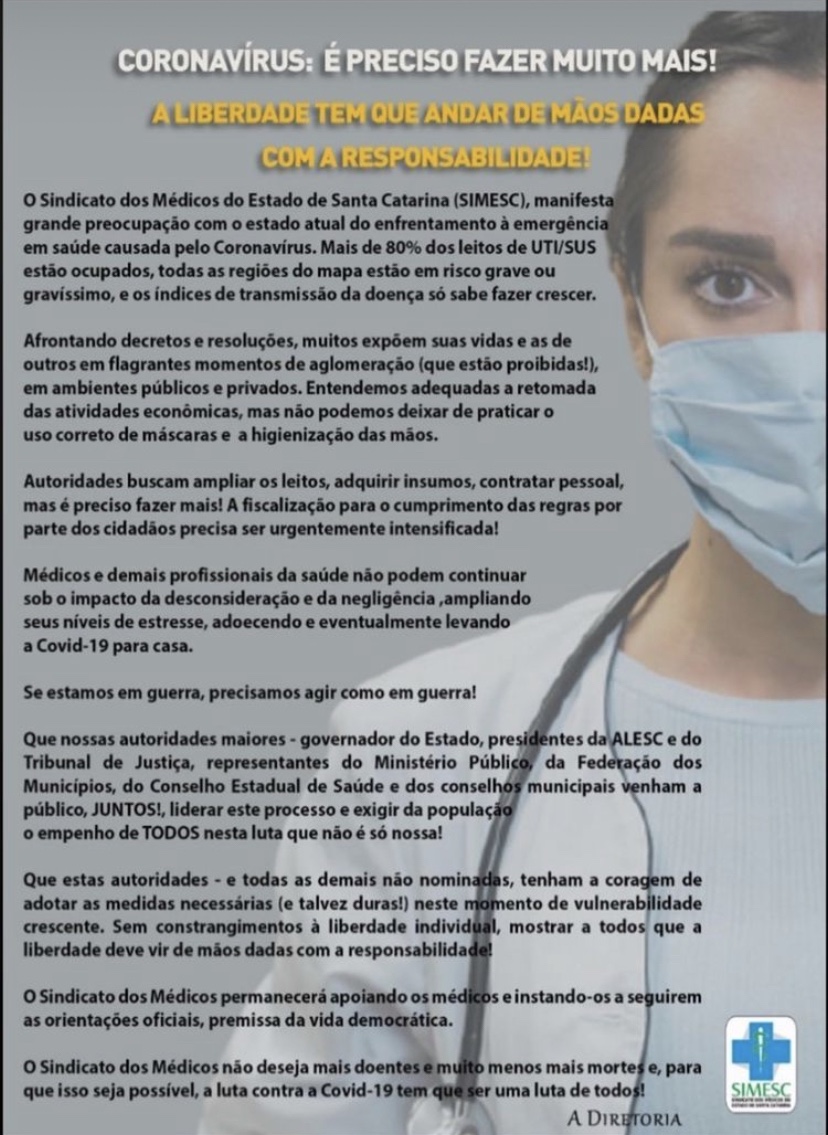 Médicos clamam mais empenho da população no combate ao coronavírus; O novo Governo de Moisés; Eron na Casa Civil; Colombo contesta participação do PSD