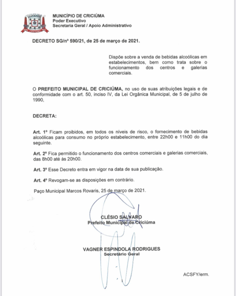 Decreto libera venda de bebidas alcóolicas em Criciúma até às 22 horas 