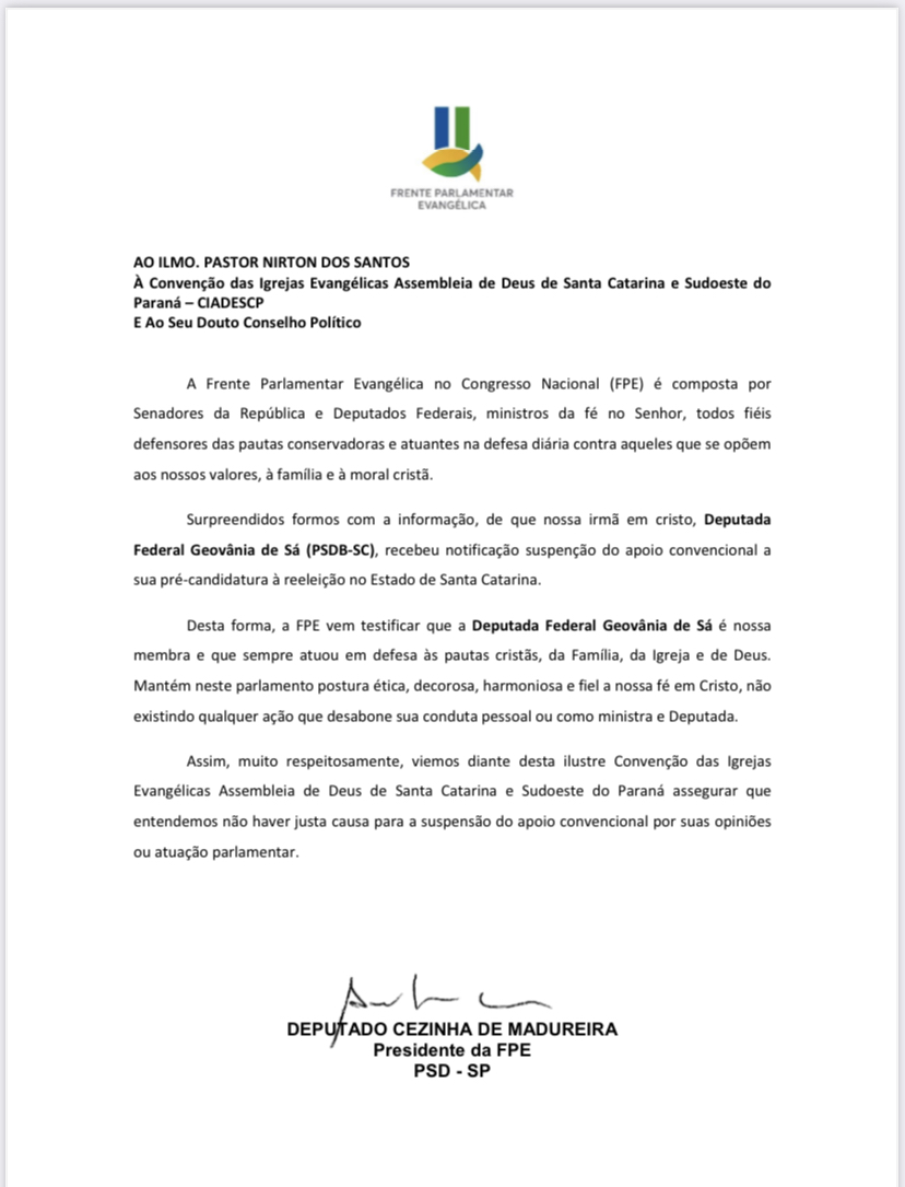 Frente Parlamentar Evangélica questiona suspensão de apoio da igreja para Geovania de Sá 