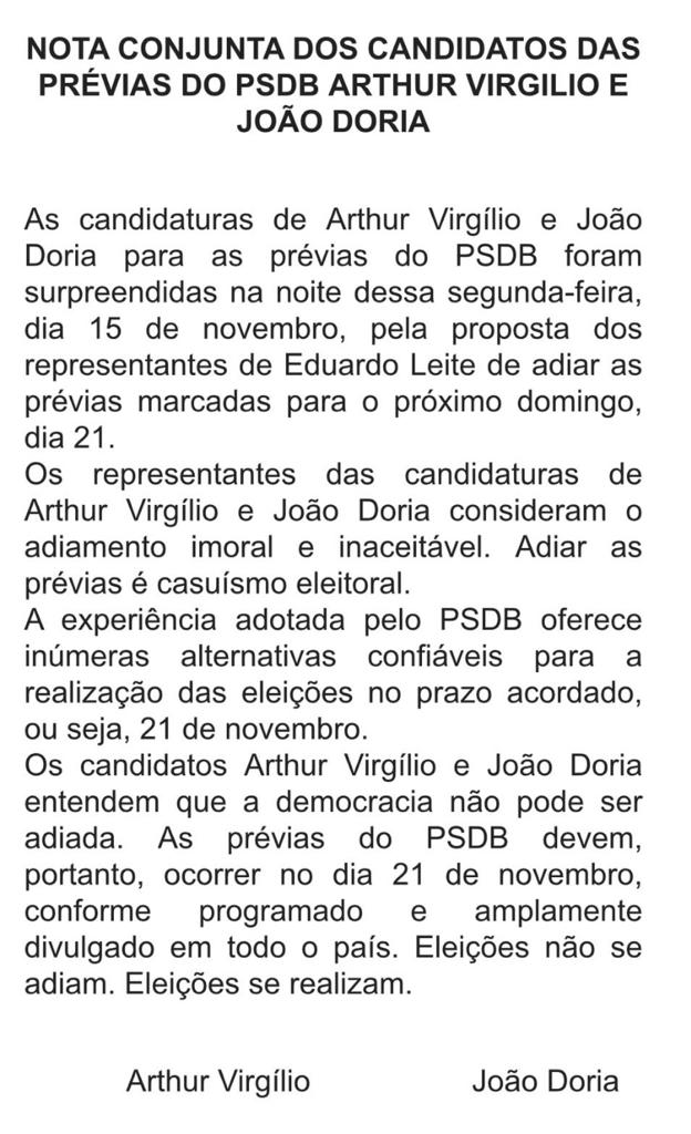 Pré-candidatos do PSDB rechaçam sugestão de adiamento de prévias 
