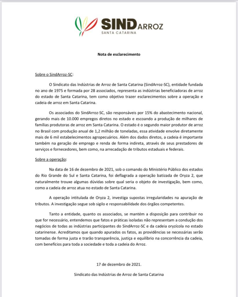 Sindicato das Indústrias de Arroz emite nota sobre Operação Oryza